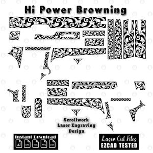Puede incluir: Una colección digital de patrones de volutas en blanco y negro para grabado láser, etiquetada Hi Power Browning, Scrollwork Laser Engraving Design, Instant Download y Laser Cut Files EZCAD TESTED, con varias formas florales.