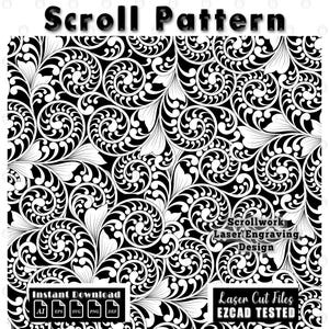 Puede incluir: Diseño de patrón de desplazamiento en blanco y negro con el texto "Scroll Pattern" en la parte superior. El diseño presenta elementos florales y de hojas arremolinados. La imagen también incluye el texto "Instant Download" y "Laser Cut Files EZCAD TESTED".