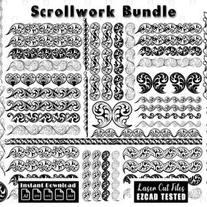 Puede incluir: Una colección de diseños de volutas en blanco y negro, que incluyen bordes y elementos decorativos. La imagen incluye el texto "Scrollwork Bundle", "Instant Download" y "Laser Cut Files EZCAD TESTED". Los diseños son adecuados para corte por láser.