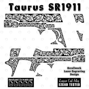 May include: Black and white scrollwork laser engraving design for a Taurus SR1911. The design includes various gun parts with floral patterns. The image also includes the text "Instant Download" and "Laser Cut Files EZCAD TESTED".