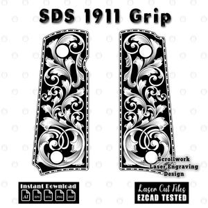 Pode incluir: Um gráfico digital a preto e branco de dois punhos de pistola 1911 com padrões de volutas intrincados. O texto SDS 1911 Grip aparece no topo, com texto adicional incluindo Instant Download, Laser Cut Files e EZCAD TESTED.