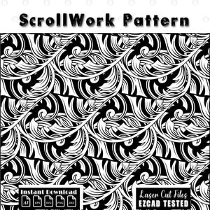 May include: Black and white scrollwork pattern design. The image features a repeating pattern of stylized floral and leaf elements. The text "ScrollWork Pattern" is at the top. Includes "Instant Download" and "Laser Cut Files EZCAD TESTED" text.
