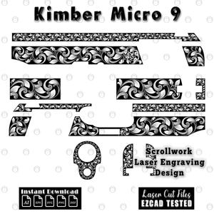 May include: A black and white scrollwork laser engraving design for a Kimber Micro 9. The design includes various gun parts with detailed floral patterns. The image also includes the text "Instant Download" and "Laser Cut Files EZCAD TESTED".