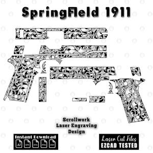 May include: Black and white scrollwork design for a Springfield 1911, featuring various gun parts. The image includes the text "Springfield 1911", "Scrollwork Laser Engraving Design", and "Instant Download".