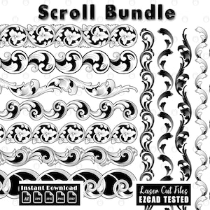 May include: A digital collection of black and white scrollwork border designs labelled Scroll Bundle. The image features various horizontal and vertical ornamental patterns with floral and swirling motifs, including text indicating Instant Download and Laser Cut Files EZCAD TESTED.