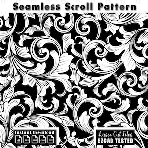 Puede incluir: Diseño de patrón de desplazamiento sin costuras en blanco y negro. La imagen presenta un patrón floral repetitivo con detalles intrincados. Las palabras "Seamless Scroll Pattern" están en la parte superior. Las palabras "Instant Download" y "Laser Cut Files EZCAD TESTED" están en la parte inferior.