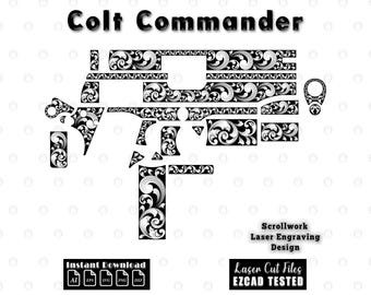 Colt Commander Scrollwork Filigree Laser Engraving Design Files | Scroll svg dxf Vector Pattern