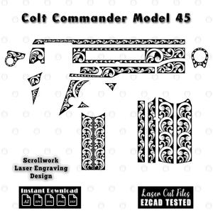 Könnte beinhalten: Eine schwarz-weiße digitale Designdatei mit dem Titel Colt Commander Model 45, die komplizierte Schnörkelmuster für die Lasergravur zeigt. Das Layout enthält verschiedene Komponentenformen, Textbeschriftungen und Dateiformatsymbole für AI, EPS, SVG, PNG und DXF.