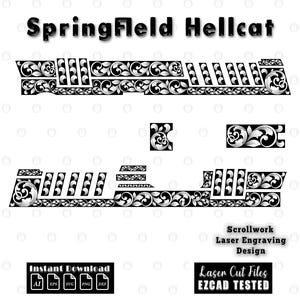 May include: Black and white laser engraving design for a Springfield Hellcat. The design features scrollwork and floral patterns. Includes the text "Scrollwork Laser Engraving Design" and "Laser Cut Files EZCAD TESTED". Also includes file type icons.