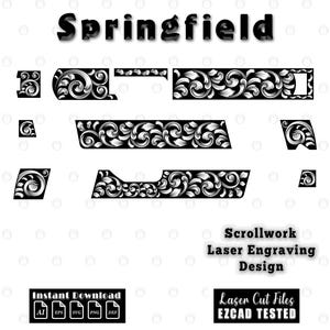 Peut inclure: Motif de gravure laser en noir et blanc pour Springfield. Le design comprend diverses pièces d'armes à feu avec des motifs floraux détaillés. L'image présente également le texte "Téléchargement instantané" et "Fichiers de découpe laser EZCAD TESTED."
