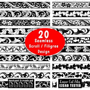 20 nahtlose Filigran-Schriftrollen-Designs | Ornamentale Schriftrollen-Lasergravur | SVG-Laserkunst-Bundle mit Schriftrollen | Vektordateien | EZcad-getestet