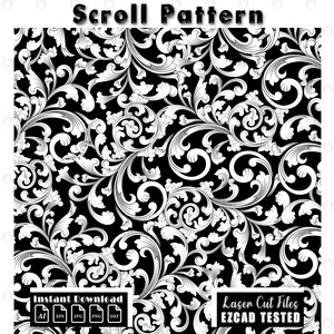 Könnte beinhalten: Schwarz-weißes Scrollmuster-Design. Das Bild zeigt ein detailliertes, sich wiederholendes florales Scrollmuster. Die Worte "Scroll Pattern" stehen oben. Der untere Teil des Bildes enthält die Worte "Instant Download" und "Laser Cut Files EZCAD TESTED".