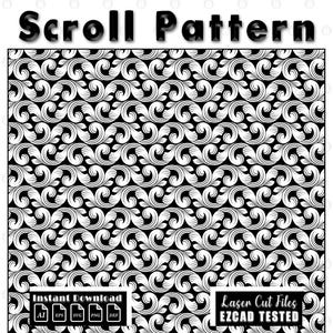 Può includere: Design a motivo a volute in bianco e nero. Il motivo ripetuto presenta una serie di elementi floreali stilizzati e vorticosi. Le parole "Scroll Pattern" sono in alto. L'immagine include anche le parole "Instant Download" e "Laser Cut Files EZCAD Tested".