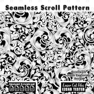 Puede incluir: Un patrón de volutas sin costuras en blanco y negro con intrincados diseños de filigrana en espiral. La imagen incluye el texto Seamless Scroll Pattern, Scrollwork Laser Engraving Design, Laser Cut Files EZCAD TESTED e Instant Download con iconos AI, EPS, SVG, PNG, DXF.