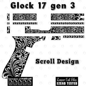 May include: Black and white scroll design for a Glock 17 gen 3. The design includes the text "Glock 17 gen 3" and "Scroll Design". The image also includes file type icons for AI, EPS, SVG, PNG, and DXF, along with the text "instant download" and "Laser Cut Files EZCAD TESTED".