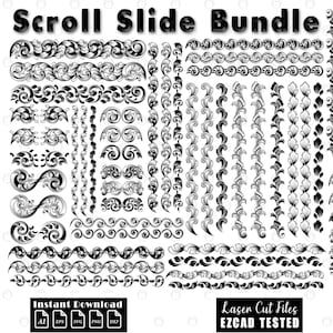 May include: A collection of scroll slide designs in black and white. The designs include various ornate borders, decorative elements, and vertical patterns. The words "Scroll Slide Bundle", "Instant Download", and "Laser Cut Files EZCAD TESTED" are also visible.
