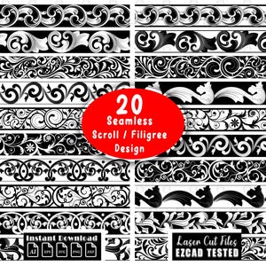 May include: A collection of 20 seamless scroll and filigree border designs in black and white. The image features various repeating patterns, including floral motifs and ornate swirls, with text reading 20 Seamless Scroll / Filigree Design.