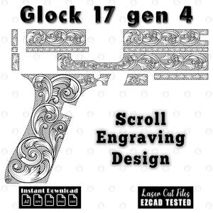 Puede incluir: Diseño de grabado de desplazamiento en blanco y negro para una Glock 17 gen 4. El diseño incluye el texto "Scroll Engraving Design" y "Laser Cut Files EZCAD TESTED". La imagen también incluye "Instant Download" e iconos de tipo de archivo.