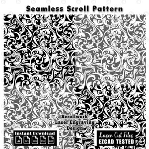 May include: Seamless scroll pattern design in black and white. The design features intricate floral scrollwork, suitable for laser engraving. Includes the text "Seamless Scroll Pattern", "Scrollwork Laser Engraving Design", and "Instant Download".