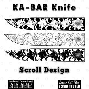 Può includere: Tre modelli di lame di coltello KA-BAR con motivi floreali a volute. Le lame superiore e inferiore presentano disegni floreali neri, mentre la lama centrale ha un disegno floreale bianco. Il testo in alto recita "KA-BAR Knife" e "Scroll Design" sotto.