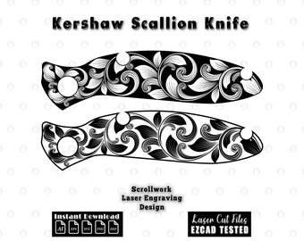 Custom Kershaw Scallion Knife Baroque Acanthus Scrollwork Filigree Design Laser Engraving Scroll svg