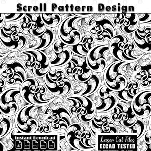 Op de afbeelding: Zwart-wit scrollpatroonontwerp. Het ontwerp heeft wervelende, sierlijke vormen met een hoog contrast tussen de zwarte en witte elementen. De woorden "Scroll Pattern Design" staan bovenaan. De woorden "Instant Download" en "Laser Cut Files EZCAD TESTED" staan onderaan.