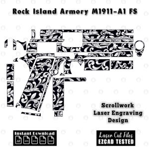 May include: Black and white scrollwork laser engraving design for a Rock Island Armory M1911-A1 FS. The design includes the text "Scrollwork Laser Engraving Design" and "Laser Cut Files EZCAD TESTED". The image also includes the text "Instant Download" and file type icons.