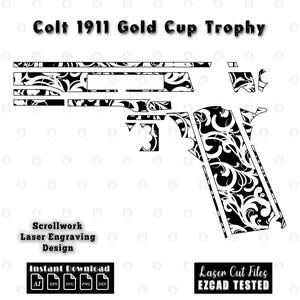 May include: A black and white digital graphic of a Colt 1911 Gold Cup Trophy pistol featuring intricate scrollwork patterns. The image includes the text Colt 1911 Gold Cup Trophy, Scrollwork Laser Engraving Design, Instant Download, and Laser Cut Files EZCAD TESTED.