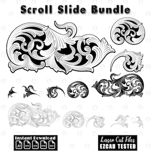 Op de afbeelding: Een verzameling zwart-witte scroll slide-ontwerpen met ingewikkelde patronen. De afbeelding bevat de tekst "Scroll Slide Bundle", "Instant Download" en "Laser Cut Files EZCAD TESTED". Ideaal voor lasersnijden.
