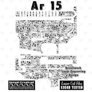 May include: Black and white scrollwork laser engraving design of an AR-15 rifle. The design includes the text "Ar 15" at the top and "Scrollwork Laser Engraving Design" and "Laser Cut Files EZCAD TESTED" at the bottom. Includes instant download file formats.