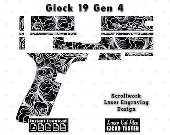 Glock 19 gen 4 scrollwork lasergravure ontwerp (digitale download - svg, dxf, ai, eps, png-bestanden)