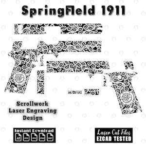 May include: Black and white Springfield 1911 laser engraving design. The design features scrollwork and a rose. The image includes the text "Scrollwork Laser Engraving Design", "Instant Download", and "Laser Cut Files EZCAD TESTED".