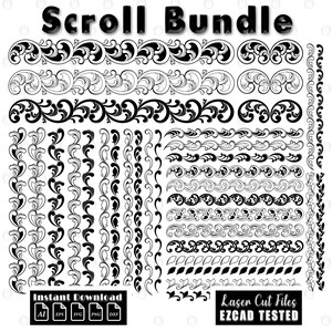 Può includere: Un pacchetto di scorrimento in bianco e nero con vari disegni ornamentali. L'immagine presenta più modelli di scorrimento, inclusi motivi floreali e geometrici, con il testo "Scroll Bundle" in alto e "Instant Download" e "Laser Cut Files EZCAD TESTED" in basso.