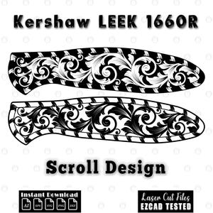 May include: Black and white scroll design for a Kershaw Leek 1660R knife. The design features intricate floral patterns and is labeled "Scroll Design." Includes "Instant Download" and "Laser Cut Files EZCAD TESTED" text.