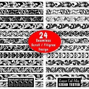 Könnte beinhalten: Eine Sammlung von 24 nahtlosen schwarz-weißen Schnörkel- und Filigran-Bordürendesigns in horizontalen Reihen. Das Bild enthält ein rotes Oval mit dem Text 24 Seamless Scroll / Filigree Design sowie Dateiformat-Symbole und weiteren Text.
