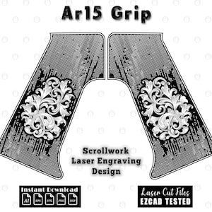 Könnte beinhalten: Schwarz-weißes Ar15-Griffdesign mit Scrollwork-Lasergravur. Das Design enthält den Text "Ar15 Grip", "Scrollwork Laser Engraving Design", "Instant Download" und "Laser Cut Files EZCAD TESTED".