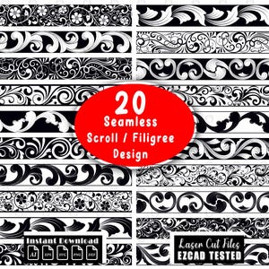20 Seamless Filigree Scroll Designs | Ornamental Slide Laser Engraving | Scroll Laser Art Bundle | svg dxf Vector | EZcad Tested