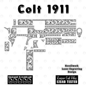 May include: A black and white digital graphic of a Colt 1911 pistol featuring intricate scrollwork patterns across the components. The image includes the text Colt 1911, Scrollwork Laser Engraving Design, Instant Download, and Laser Cut Files EZCAD TESTED.