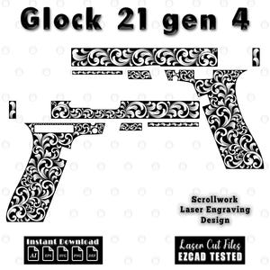 May include: Black and white scrollwork design of a Glock 21 gen 4 pistol. The image includes the text "Glock 21 gen 4", "Scrollwork Laser Engraving Design", "Instant Download", and "Laser Cut Files EZCAD TESTED".