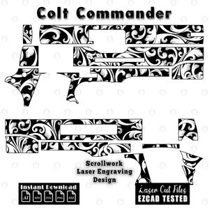 Peut inclure: Motif de gravure laser en noir et blanc avec volutes pour un Colt Commander. Le design comprend diverses pièces d'armes à feu avec un motif floral détaillé. Le texte comprend "Colt Commander", "Scrollwork Laser Engraving Design", "Instant Download" et "Laser Cut Files EZCAD TESTED".