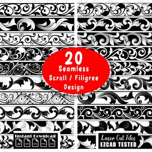 Könnte beinhalten: Eine Sammlung von 20 nahtlosen Scroll- und Filigran-Bordürendesigns in Schwarz und Weiß. Das Bild zeigt verschiedene verzierte, sich wiederholende Muster und enthält den Text 20 Seamless Scroll / Filigree Design, Instant Download und Laser Cut Files EZCAD TESTED.