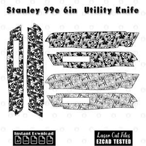 May include: Black and white digital design for a Stanley 99e 6-inch utility knife. The design features a detailed floral pattern. Includes the text "Instant Download" and "Laser Cut Files EZCAD TESTED".