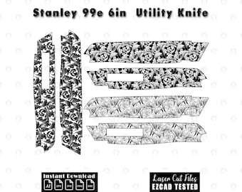 Può includere: Design digitale in bianco e nero per un taglierino Stanley 99e da 15 cm. Il design presenta un motivo floreale dettagliato. Include il testo "Instant Download" e "Laser Cut Files EZCAD TESTED".