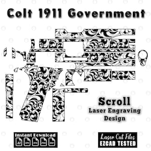 May include: Black and white scroll laser engraving design for a Colt 1911 Government firearm. The design includes the text "Colt 1911 Government" and "Scroll Laser Engraving Design". Includes file formats AI, EPS, SVG, PNG, and DXF.
