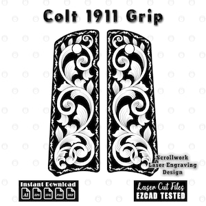 May include: A pair of black Colt 1911 grip panels featuring a white engraved scrollwork pattern. The image includes the text Colt 1911 Grip, Scrollwork Laser Engraving Design, Instant Download, AI, EPS, SVG, PNG, DXF, and Laser Cut Files EZCAD TESTED.