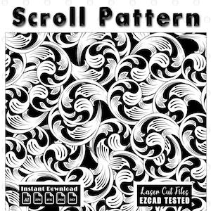 May include: Black and white scroll pattern design with the text "Scroll Pattern" at the top. The design features swirling, floral-like shapes. The image also includes the text "Instant Download" and icons for various file types, along with "Laser Cut Files EZCAD TESTED".