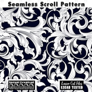 May include: Seamless scroll pattern design in white on a dark blue background. The design features swirling floral and leaf motifs. The words "Seamless Scroll Pattern", "Instant Download", and "Laser Cut Files EZCAD TESTED" are also visible.