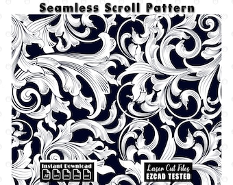 Naadloos scrollworkpatroon lasergravureontwerp | Filigraan decoratieve scroll-cut-bestanden (digitale download)