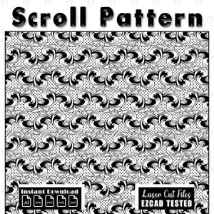 Könnte beinhalten: Schwarz-weißes Scroll-Muster-Design mit sich wiederholendem floralen Motiv. Das Design enthält einen gepunkteten Hintergrund und ist mit "Scroll Pattern" beschriftet. Enthält den Text "Instant Download" und "Laser Cut Files EZCAD TESTED".
