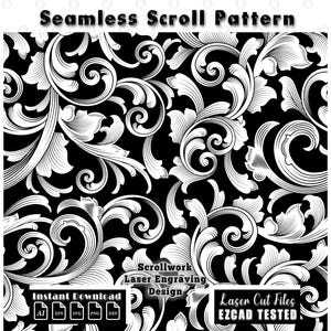 Peut inclure: Un motif de volutes sans couture avec des designs en filigrane blancs sur fond noir. L'image contient le texte Seamless Scroll Pattern, Scrollwork Laser Engraving Design, Instant Download et Laser Cut Files EZCAD TESTED.